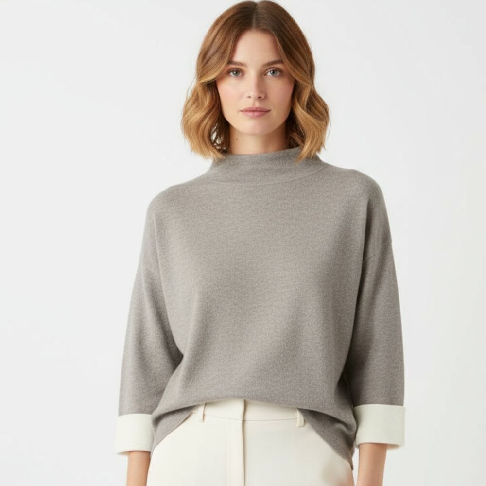 Tahari Gray Knit Mock Turtleneck Half Length Sleeve Knit Sweater S